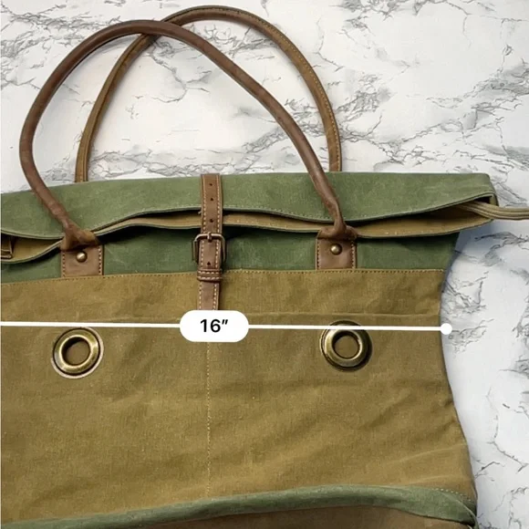 Green and Tan Structured Tote with Gold Hardware - Picture 13 of 16